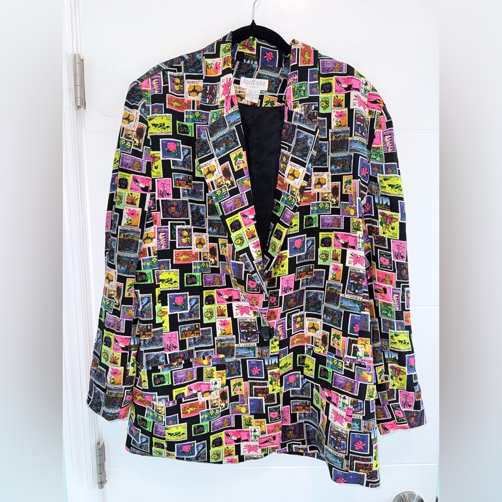Ann Taylor Studio 100% Silk Stamp Print Blazer Vintage 90s Size 10